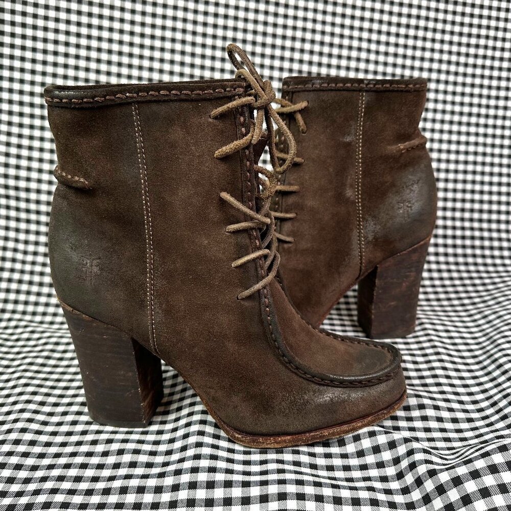 FRYE Boots Dark Brown Parker Moc Toe High Heel Suede Women's Size 7.5